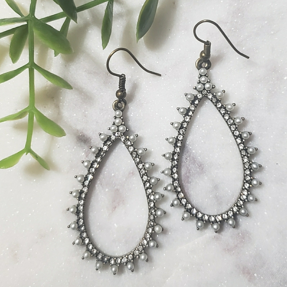 Bronze, Pearl, and Rhinestone Pendant Earrings